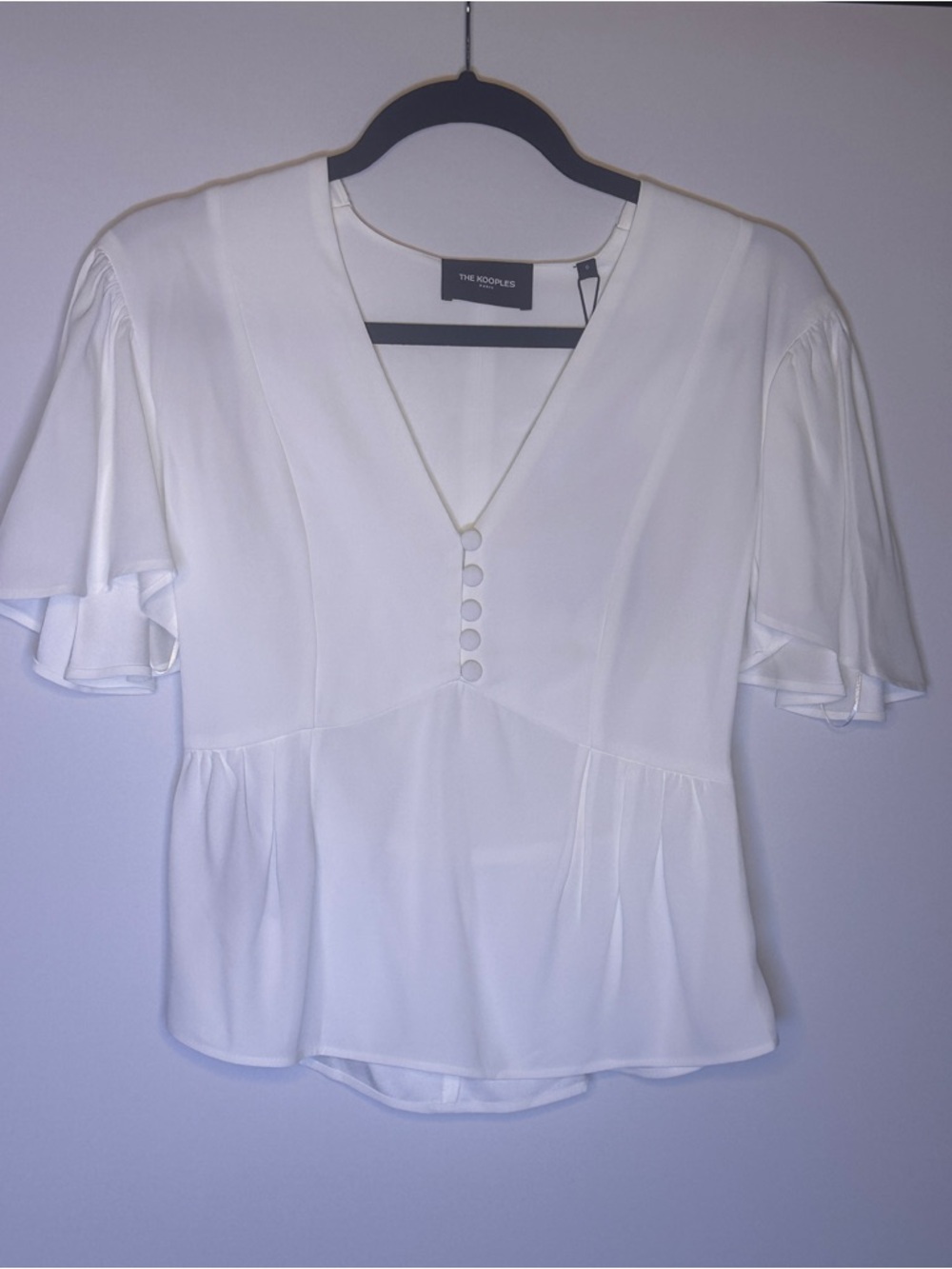 The Kooples White V-Neck Peplum Blouse with Flutter Sleeves